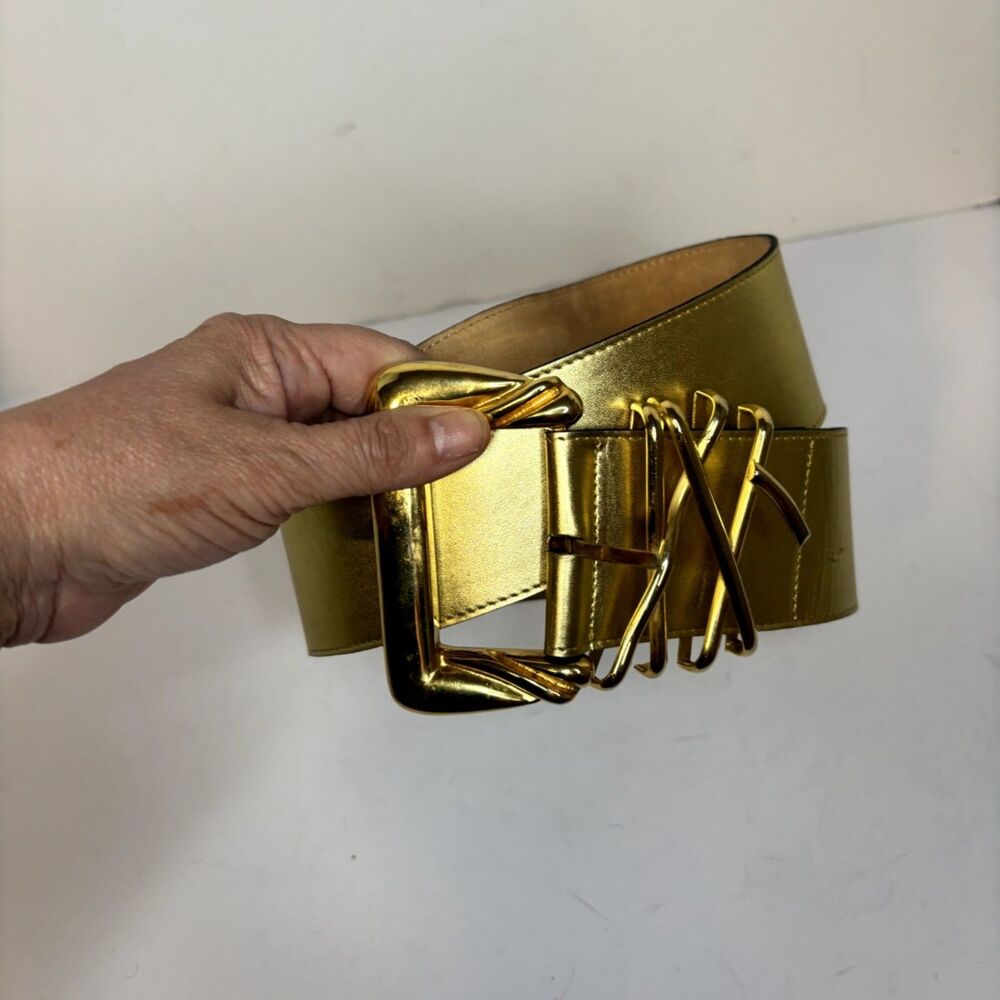 Roberto Valera Design Wide Metallic Gold Leather Belt Statement Buckle Womens - Picture 5 of 7